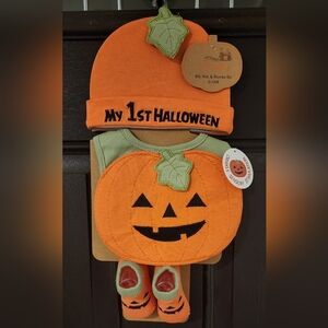 NWT So Dorable My 1st  Halloween Orange Pumpkin Bib Hat Booties Set 0-12 Months
